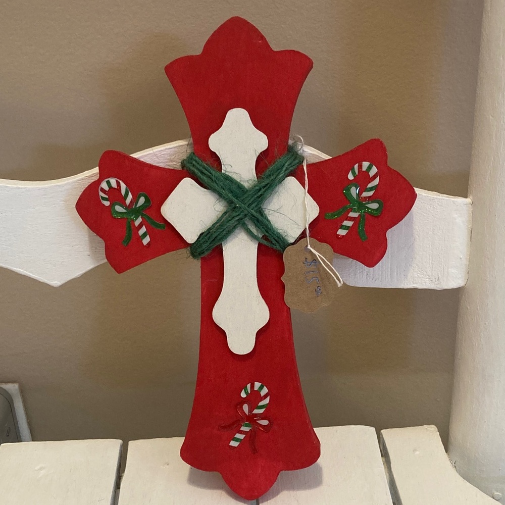 HANDMADE Wood Decorative CROSS WHITE RED GREEN NWT Multicolor Christmas
